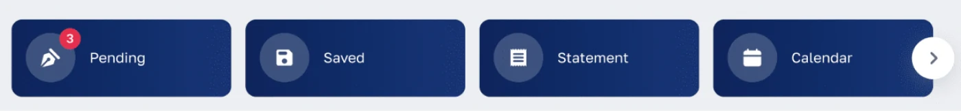 Horizontal card feed: Pending, Saved, Statement, Calendar
