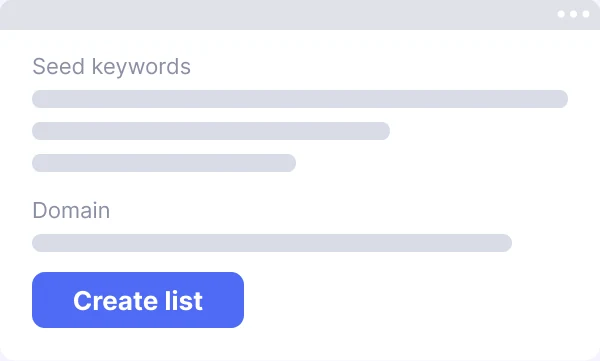 Seed keywords and domain form with a Create list button