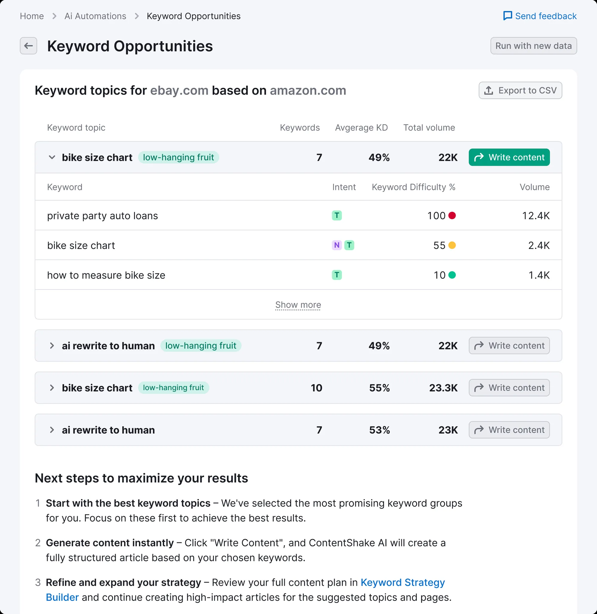 Workflow output with next steps